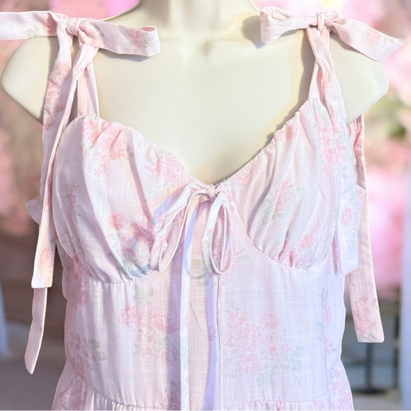 Francesca’s Romantic Pink Floral Tiered Midi Dress Tie Shoulder Bows Size M - Picture 6 of 13